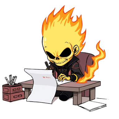 a chibi logo of ghostrider writing on paper